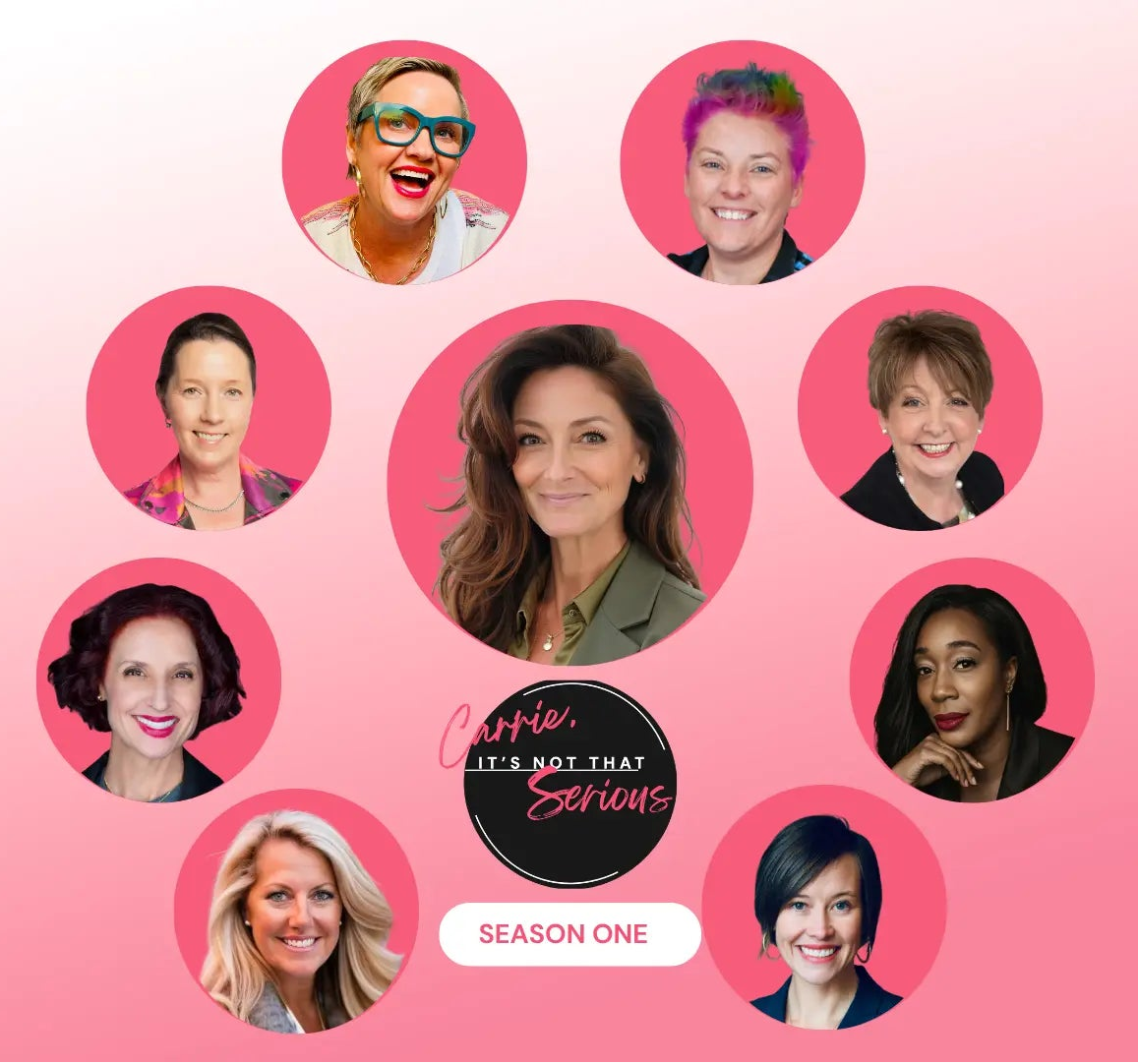 Circular grid of women's portraits with a central logo on a pink background