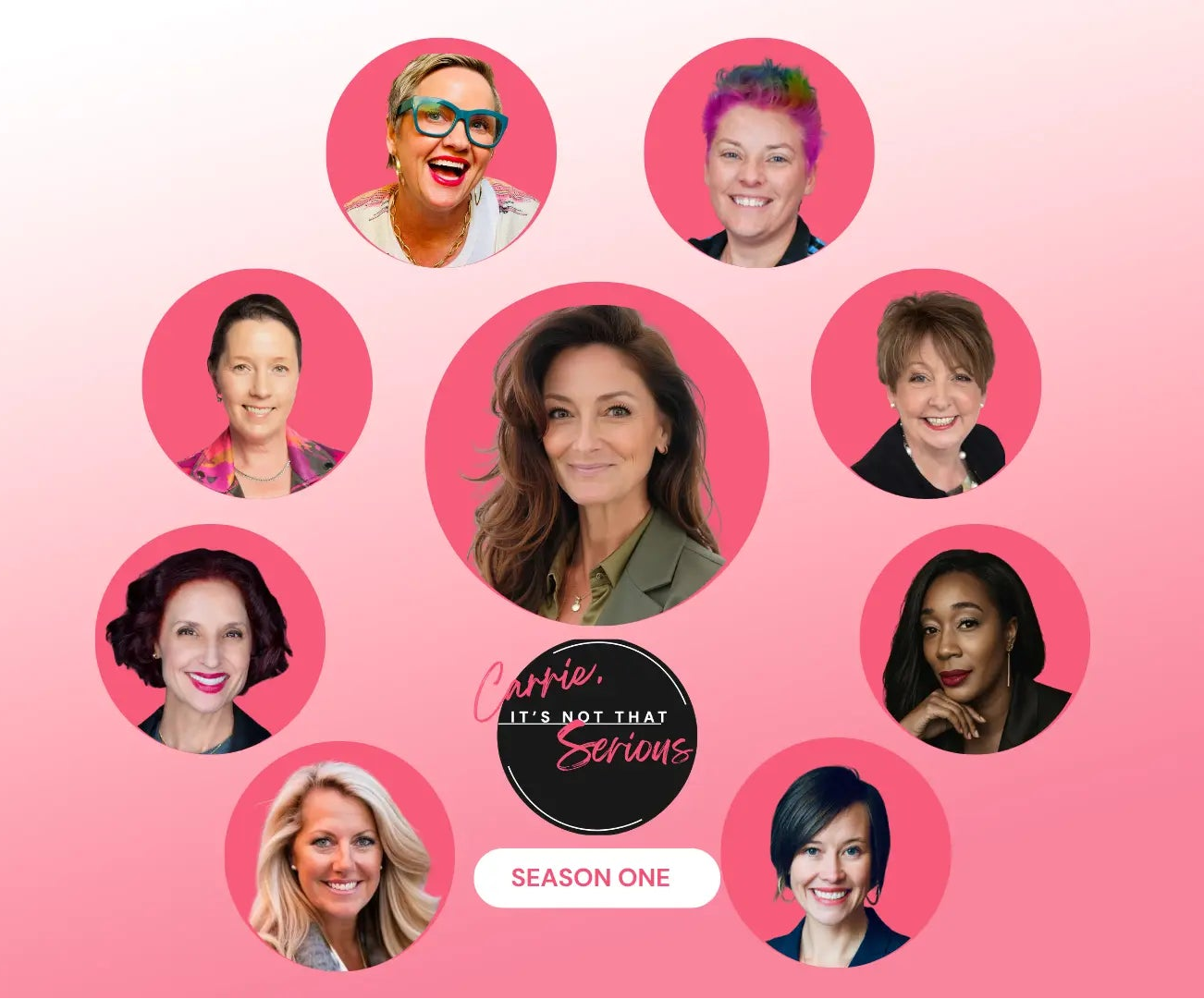 Circular grid of women's portraits with a central logo on a pink background