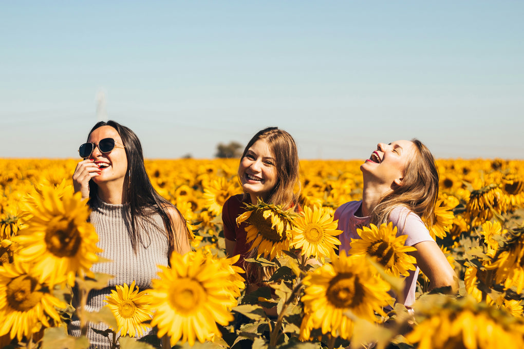 Three women smiling in a sunflower field
